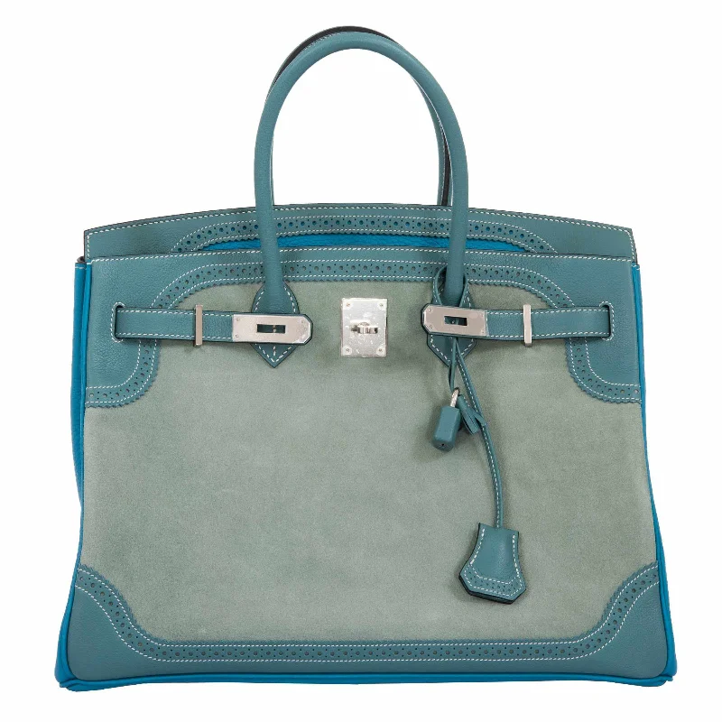 Hermès Birkin 35 Ghillies Turquoise, Ciel Evergrain, Veau Doblis Suede Palladium Hardware - Special Edition